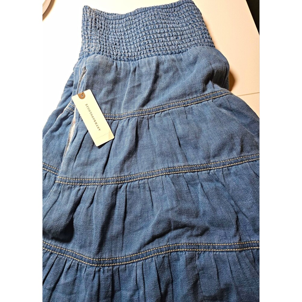 NWT Anthropologie Blue Denim Ruffle Elastic Waist A-Line Midi Skirt Women's M